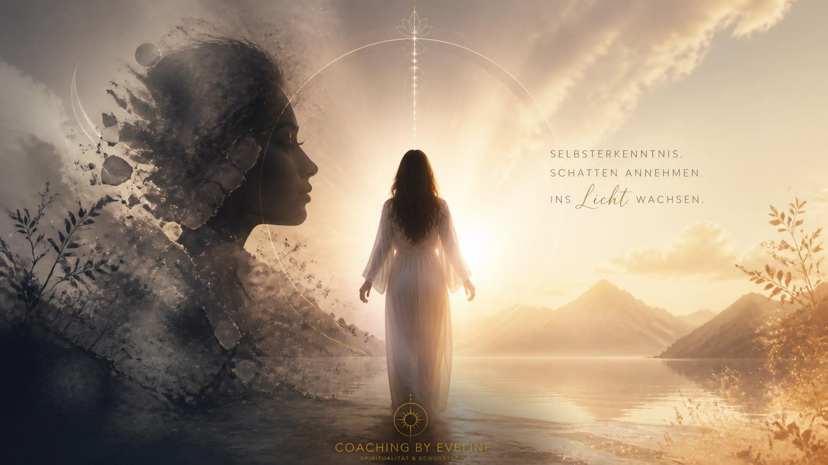 Eine Frau geht im Abendlicht durch einen goldenen Kreis über das Wasser, links ein Gesicht aus Schatten – Selbsterkenntnis. Schatten annehmen. Ins Licht wachsen.